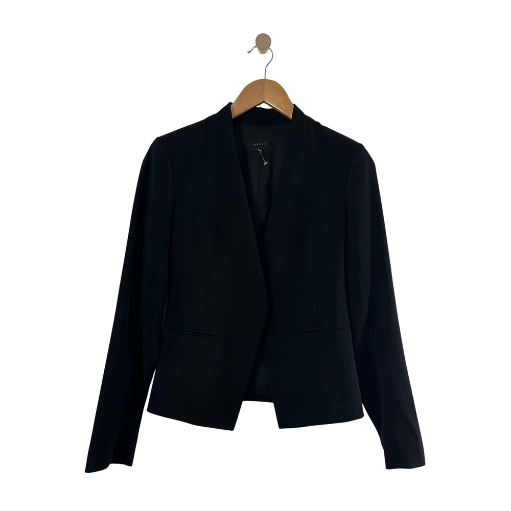Theory Black Virgin Wool Blend Open Front Collarless Blazer Jacket Womens Size 4